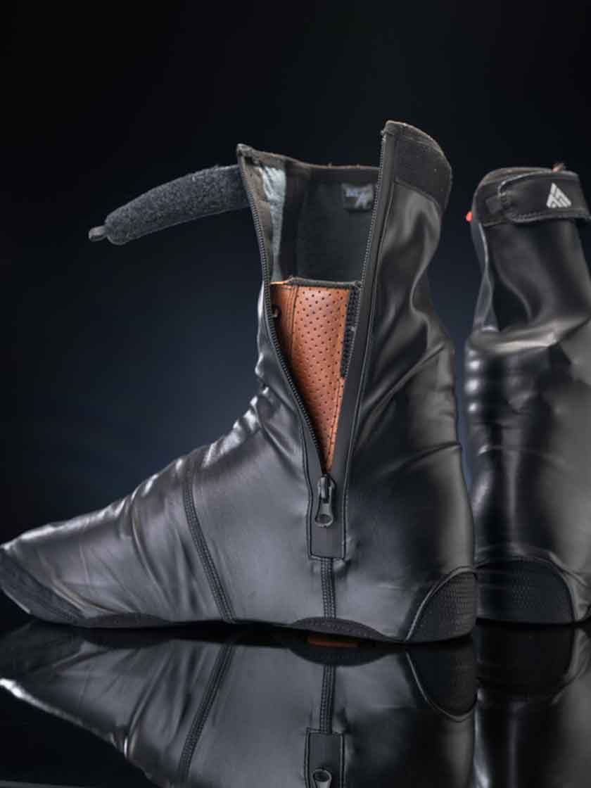APEX waterproof motorcycle boot covers showing side profile, tall upper and fitted design