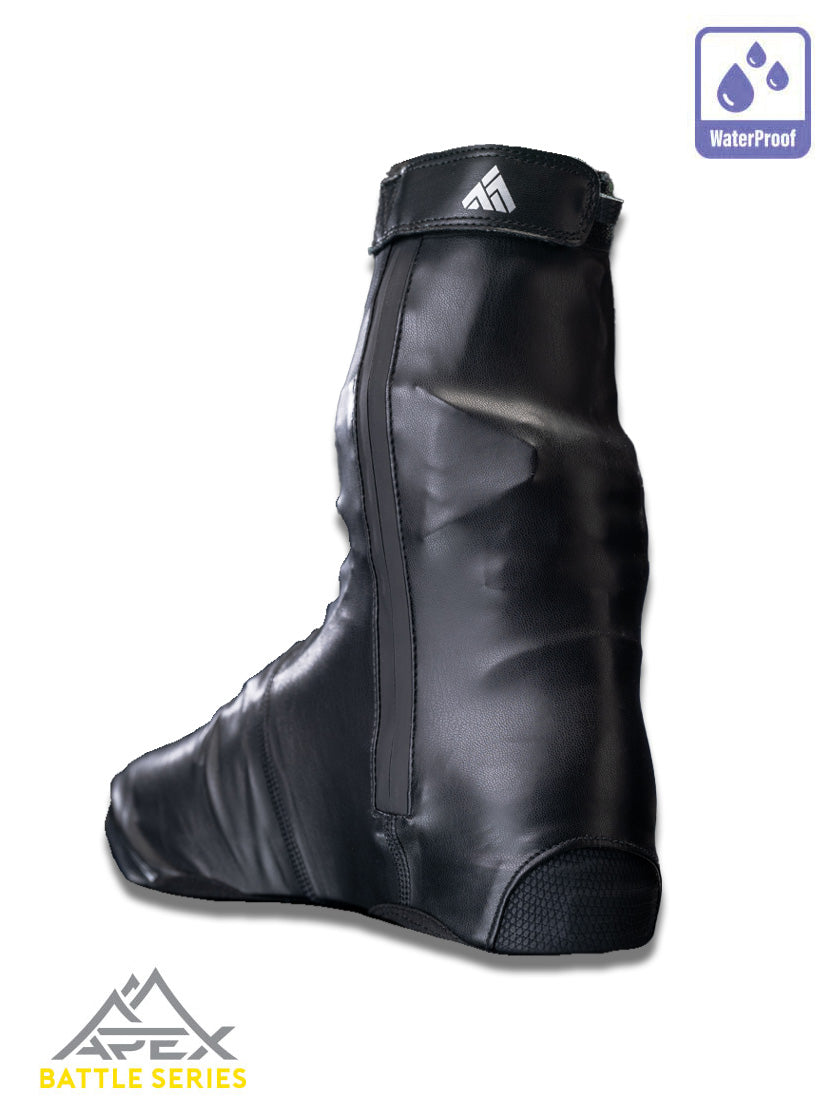 Black motorcycle rain boot covers showing waterproof zipper and velcro top fold