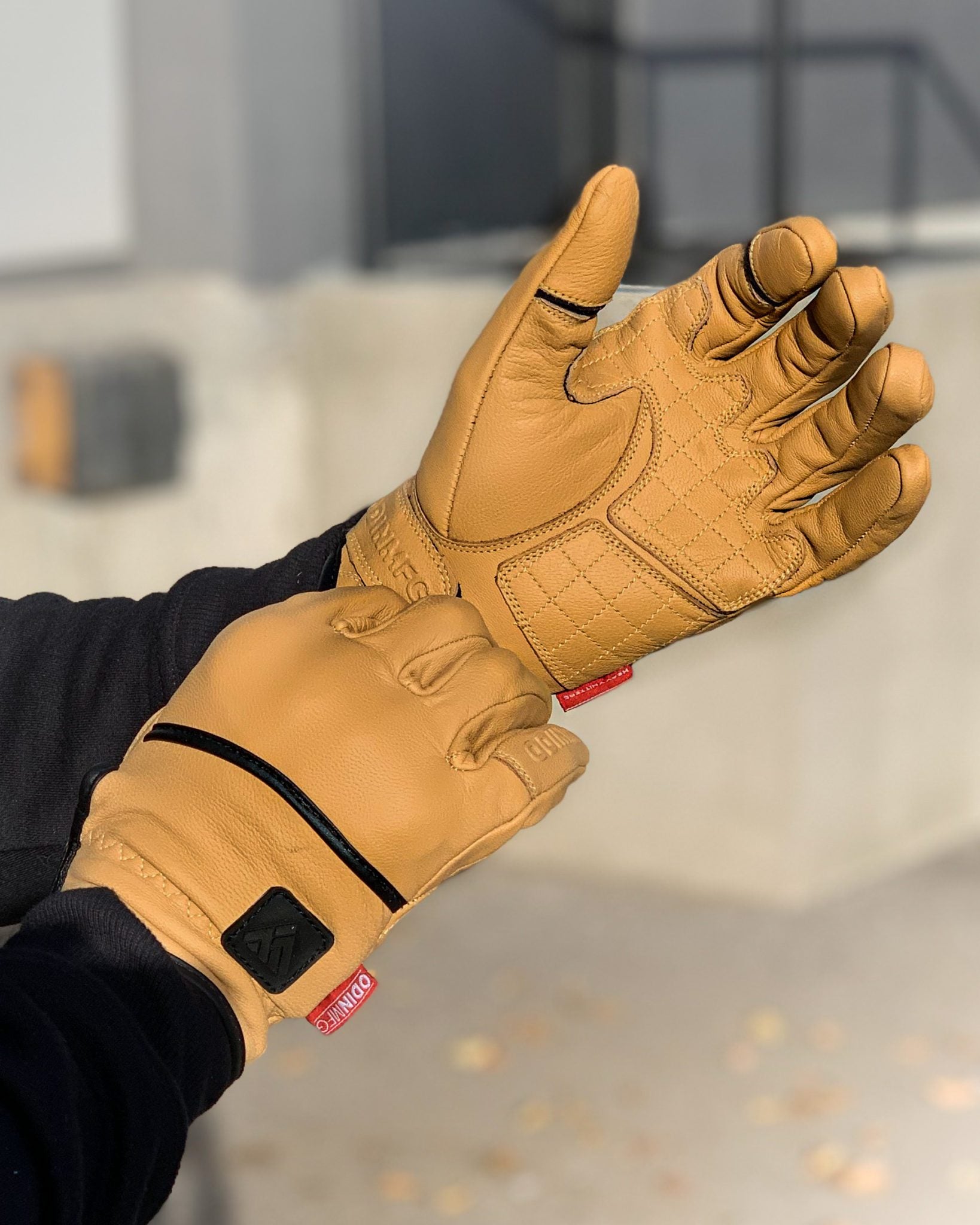 tan heavy hitter Odin Mfg leather motorcycle gloves