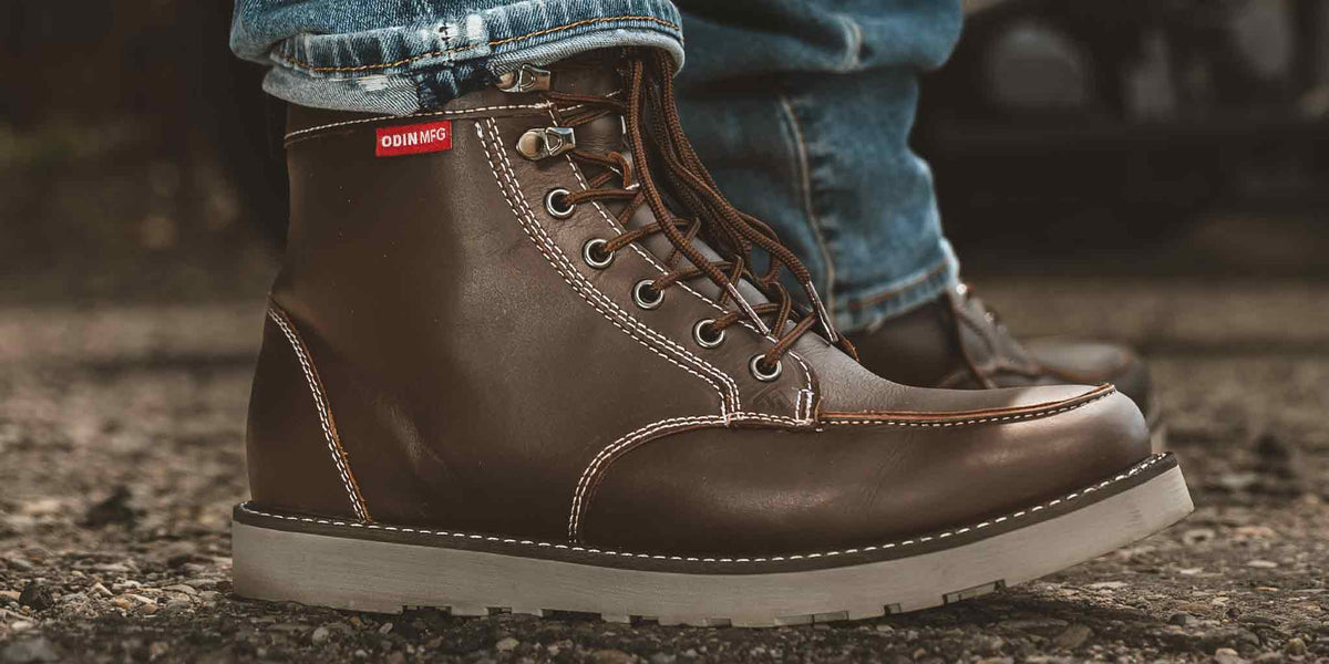 Brown leather moc toe boots by Odin Mfg