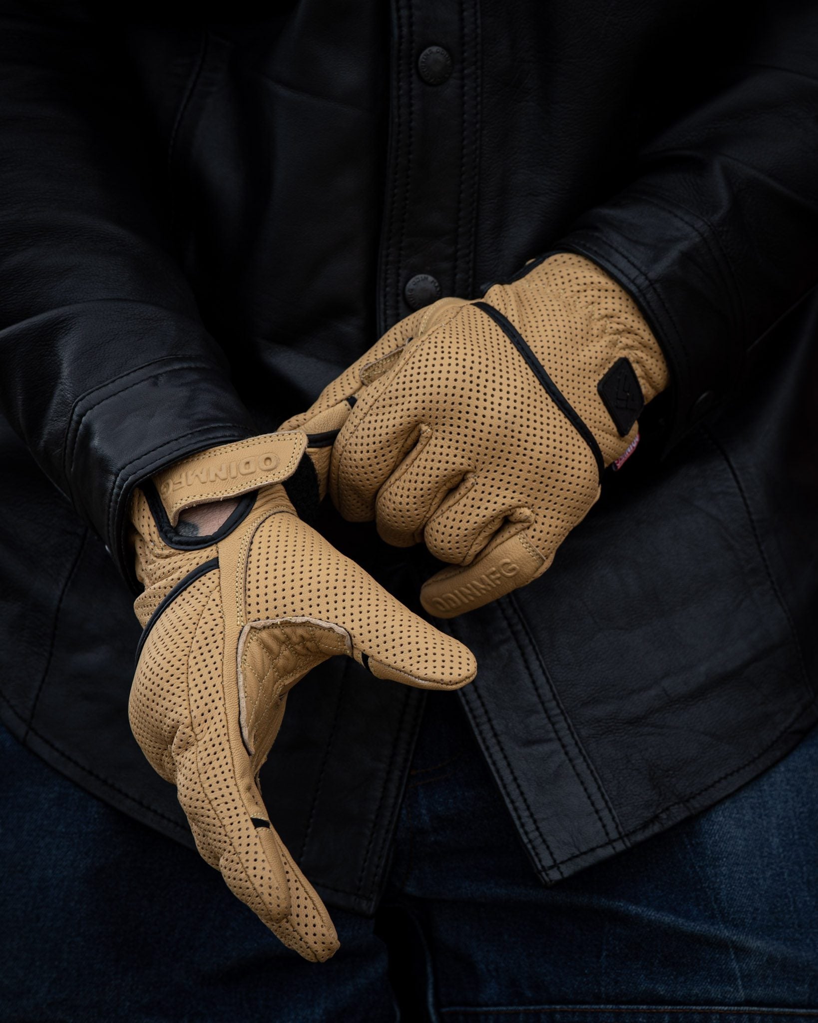 tan heavy hitter Odin Mfg leather motorcycle gloves